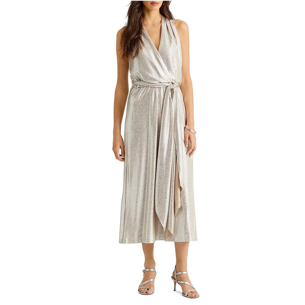Ralph Lauren Gold Cocktail Dress Metallic Halter Sleeveless Sheath Wrap Size 16